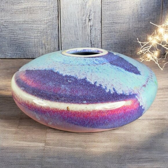 Vintage Hand Made Studio Art Pottery Flat Vase Vessel Multicolor Glaze Vase VTG - Picture 1 of 10